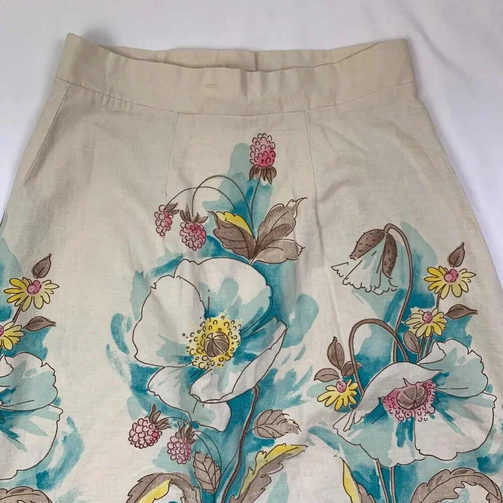 Vintage Floral Full Button Front Midi Skirt XS Blue Ivory Parisian Botanical - Picture 9 of 9